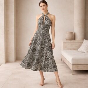 NWT Nieves Lavi Silk Halter Midi Dress Keyhole Black White Resort luxury